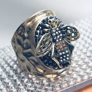 Bumblebee Bee Nature Theme Gold Plated Sterling Crystal Accent Cuff Ring Sz 7